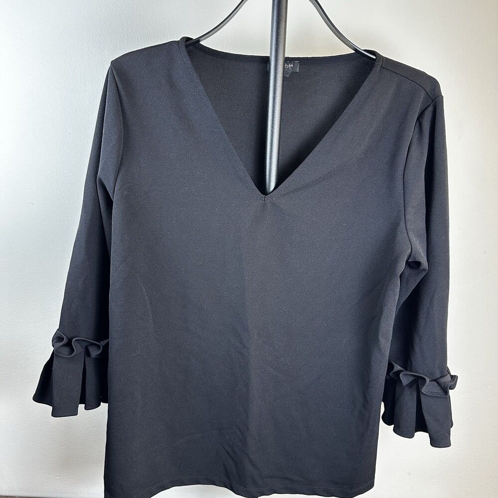 Ann Taylor Factory Black Polyester Top Women's L Large Ruffle Sleeve 3/4